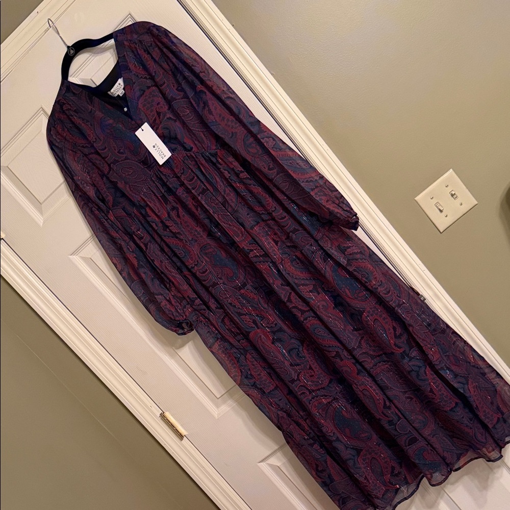 Molly Bracken Navy and burgundy Paisley Long Sleeve Maxi Dress. Sheer sleeves